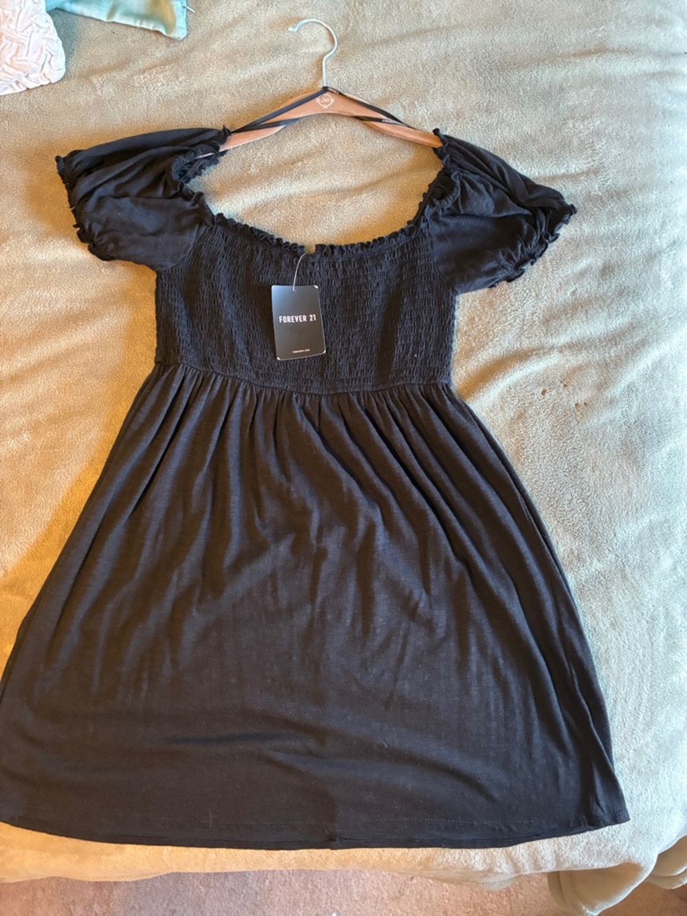 BOGO FREE-Forever 21 Black Off-Shoulder Smocked Mini Dress- Size Medium- NWT